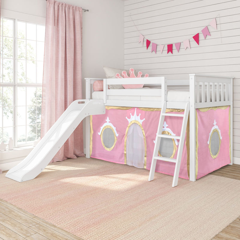 White wooden kids loft bed with slide and ladder, pink princess playhouse curtain, crown pillow and bunting in sunlit children's bedroom.