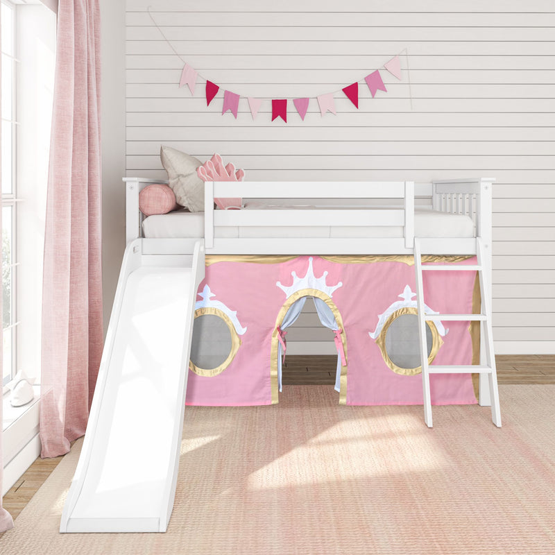 White wooden loft bed with slide and ladder and pink princess playhouse tent with gold trim, bunting and pink curtains in girls' bedroom