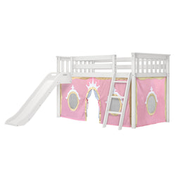 180413002083 : Loft Beds Low Loft with Easy Slide and Light Pink and Gold Princess Curtain, White