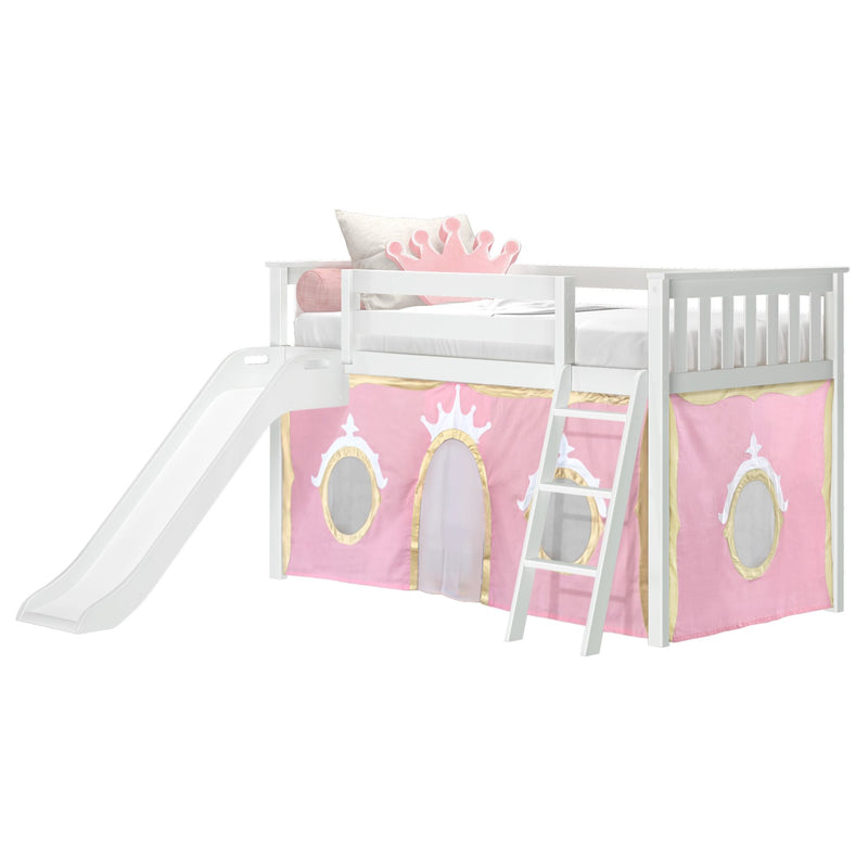 White wooden kids loft bed with slide and ladder featuring pink princess playhouse tent panels, gold trim and crown pillow