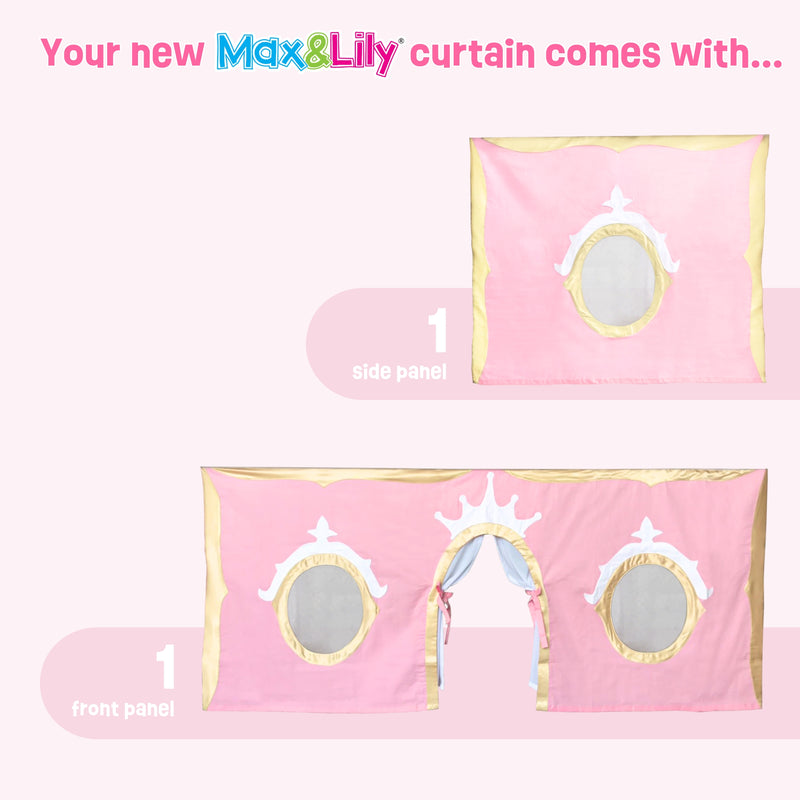 Max & Lily pink princess kids play tent curtain panels — one front panel with two circular mesh windows and central arched doorway plus one side panel with circular window, gold trim and decorative white crown for children's indoor playhouse