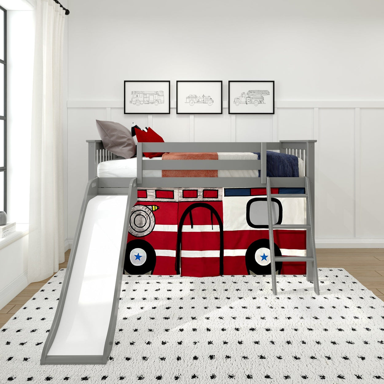 180413121043 : Loft Beds Low Loft with Easy Slide and Firetruck Curtain, Grey