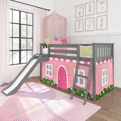 180413121064 : Loft Beds Low Loft with Easy Slide and Light Pink and White Farmhouse Curtain, Grey
