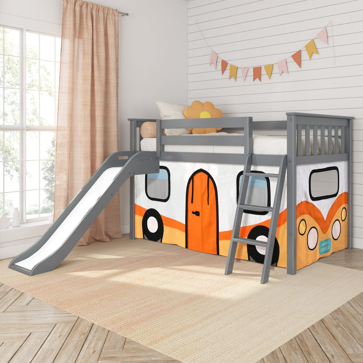 180413121067 : Loft Beds Low Loft with Easy Slide and Orange Camper Van Curtain, Grey