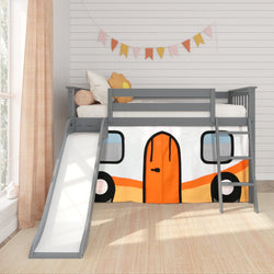 180413121067 : Loft Beds Low Loft with Easy Slide and Orange Camper Van Curtain, Grey