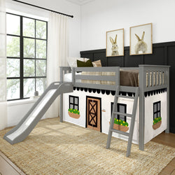 180413121069 : Loft Beds Low Loft With Easy Slide & Black & White Farmhouse Curtain, Grey