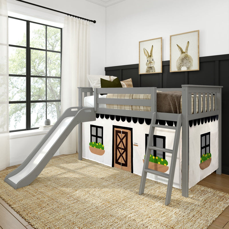 180413121069 : Loft Beds Low Loft With Easy Slide & Black & White Farmhouse Curtain, Grey