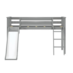 180413121069 : Loft Beds Low Loft With Easy Slide & Black & White Farmhouse Curtain, Grey