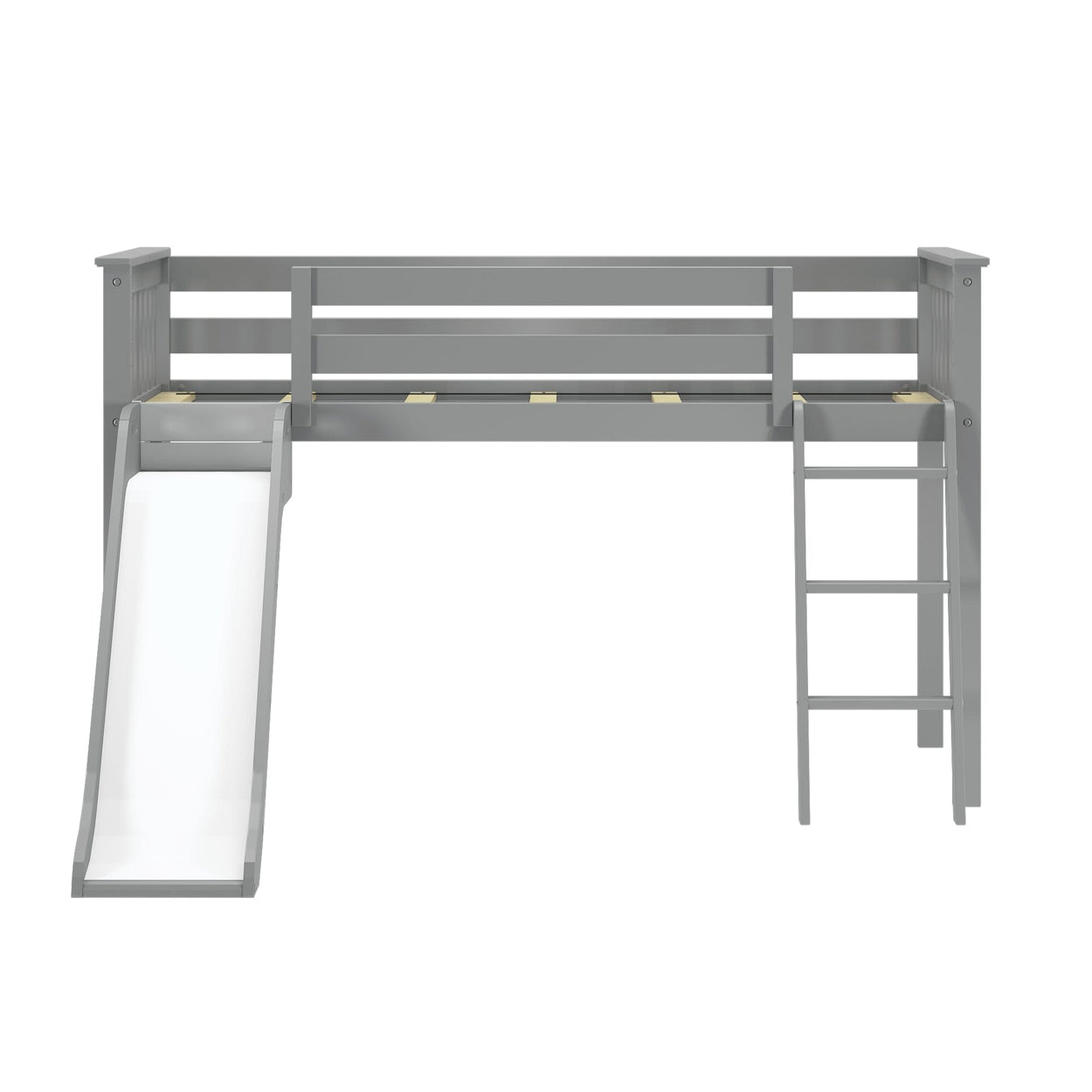 180413121069 : Loft Beds Low Loft with Easy Slide and Black and White Farmhouse Curtain, Grey