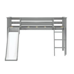 180413121069 : Loft Beds Low Loft with Easy Slide and Black and White Farmhouse Curtain, Grey