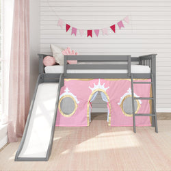 180413121083 : Loft Beds Low Loft with Easy Slide and Light Pink and Gold Princess Curtain, Grey