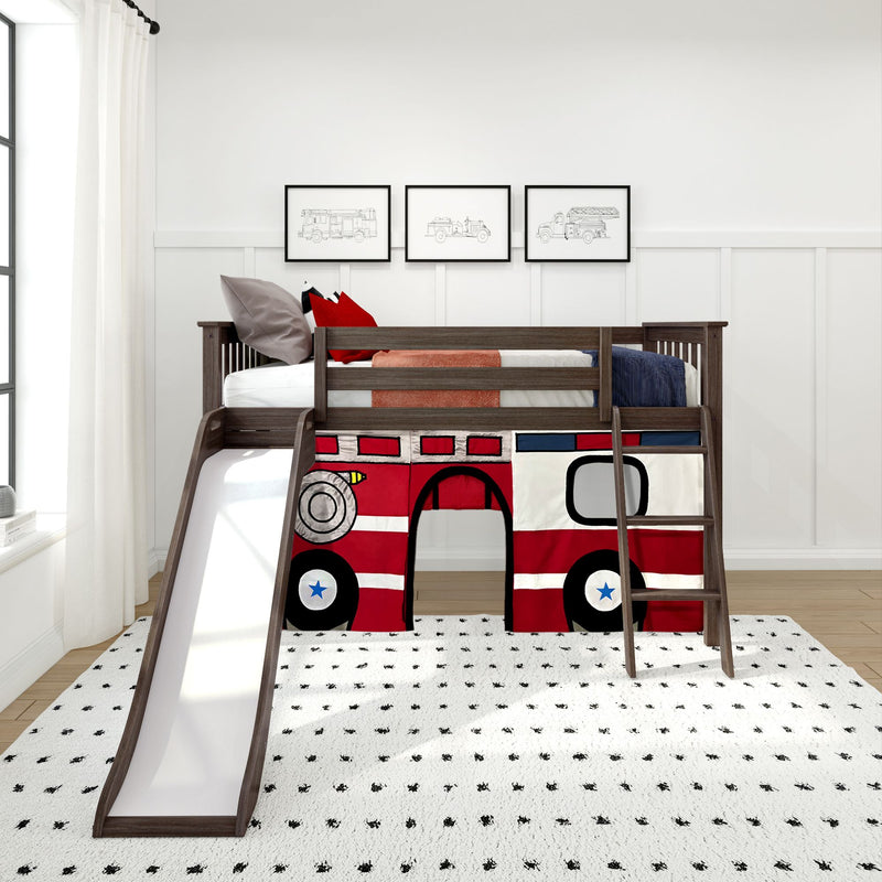 Kids' fire truck loft bed with slide in a modern bedroom setting.