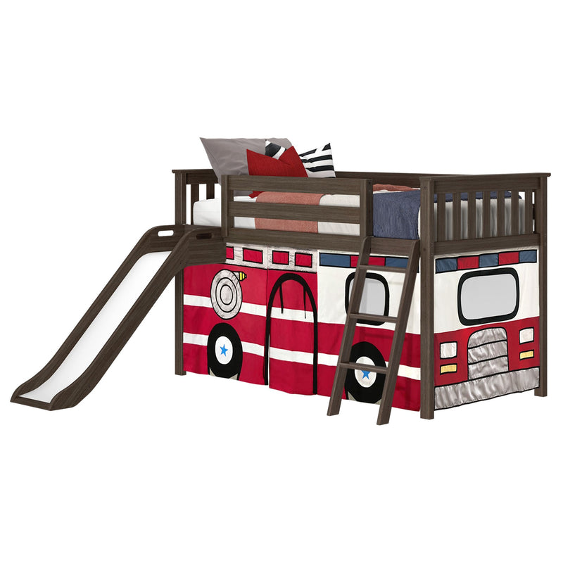 Kids' dark wood twin loft bed with slide and ladder, red-and-white fire truck play-tent curtains and striped pillows