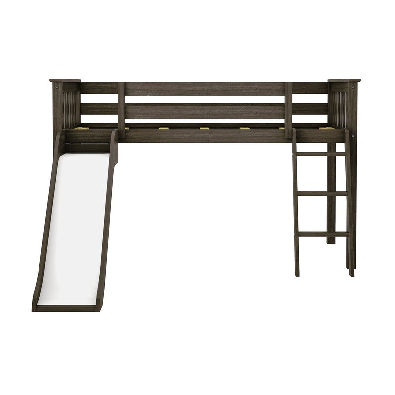 Loft bed with slide and ladder in dark wood finish.