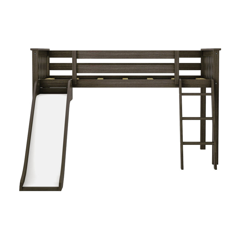 Kids twin loft bed with slide and ladder in dark brown wood, slatted guardrails and space-saving design for kids' bedrooms