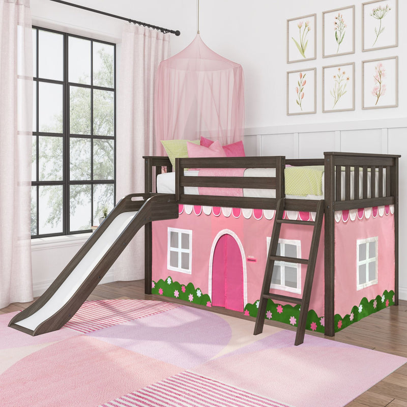Pink loft bed with slide and playhouse design for kids' bedroom.