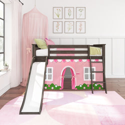 Pink loft bed with slide for kids, featuring playhouse design and cozy bedding in a bright child’s bedroom.