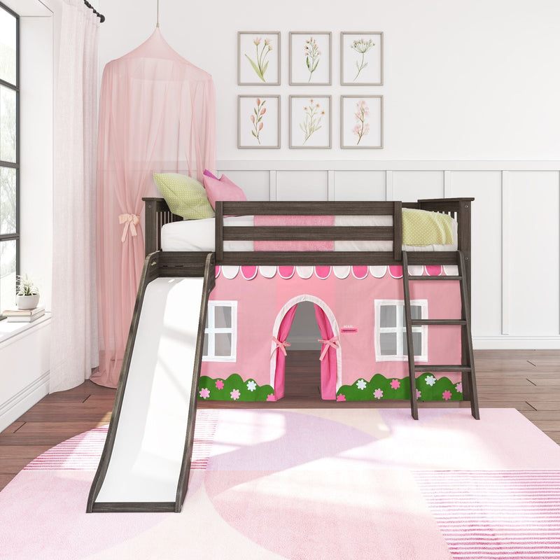 Pink loft bed with slide for kids, featuring playhouse design and cozy bedding in a bright child’s bedroom.