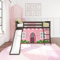 Twin Low Loft Bed with Slide & Pink & White Farmhouse Curtain