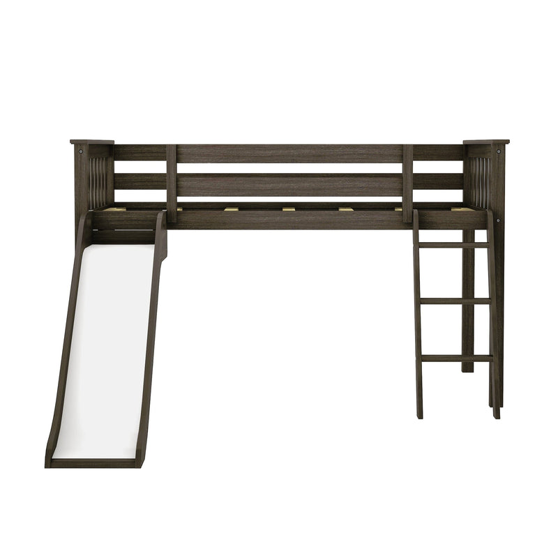 Wooden loft bed with ladder and slide for kids in dark finish.