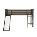 Dark brown wooden twin loft bed with slide and ladder, space-saving kids bedroom loft with slatted guardrails and open under-bed area