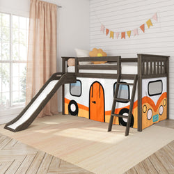 Children's loft bed with slide and fun camper design in cozy bedroom setting.