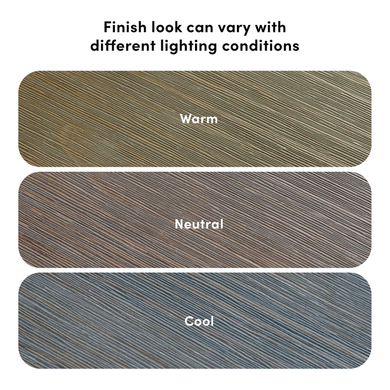 Three diagonal wood-grain finish swatches labeled Warm, Neutral, and Cool demonstrating how a wood finish's color and texture vary under different lighting conditions