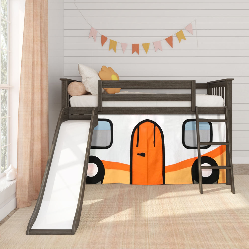 Kids' loft bed with slide and playhouse curtain in a cozy, decorated bedroom.
