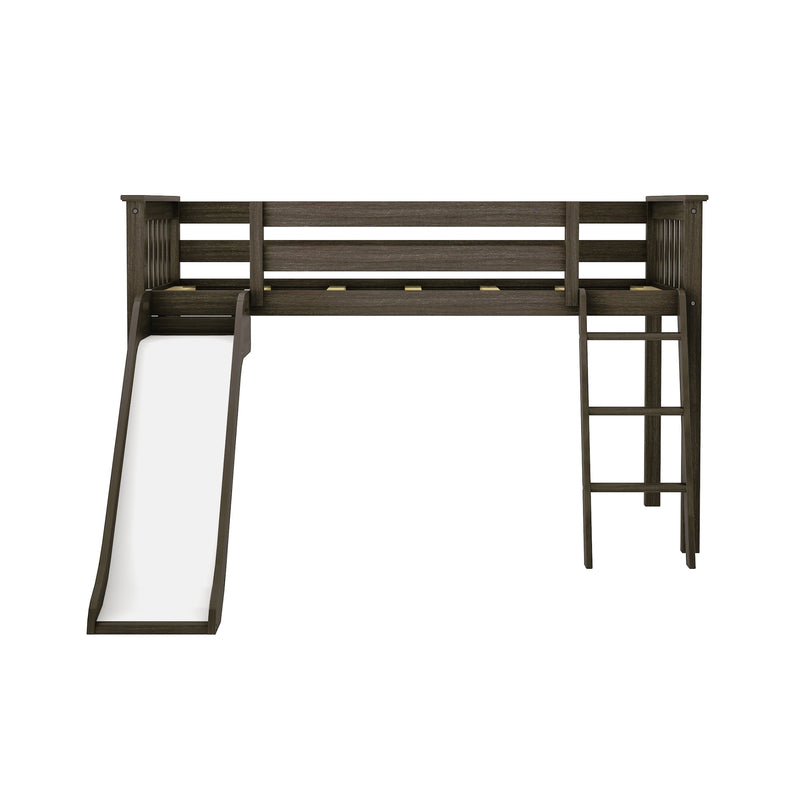 Children's loft bed with slide and ladder in dark wood finish.
