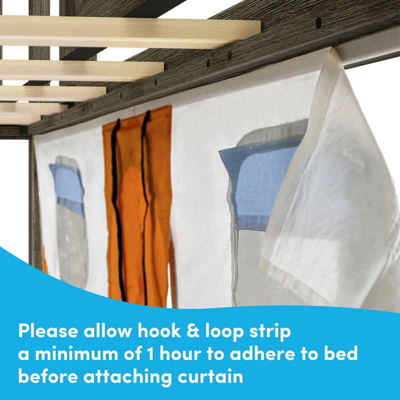 Bed canopy with hook and loop attachment instructions for curtain installation.