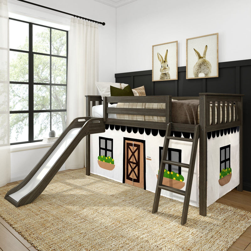 180413151069 : Loft Beds Low Loft with Easy Slide and Black and White Farmhouse Curtain, Clay