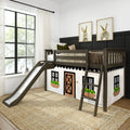 Rustic gray wooden kids loft bed with slide and ladder and farmhouse playhouse curtain in neutral nursery with bunny art