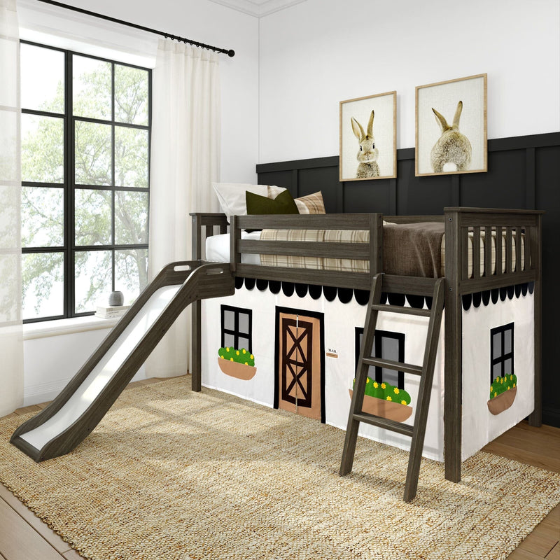 Rustic gray wooden kids loft bed with slide and ladder and farmhouse playhouse curtain in neutral nursery with bunny art