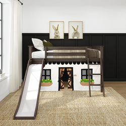 Children's loft bed with slide and playhouse design, featuring decorative bunny art and a cozy, modern bedroom setup.