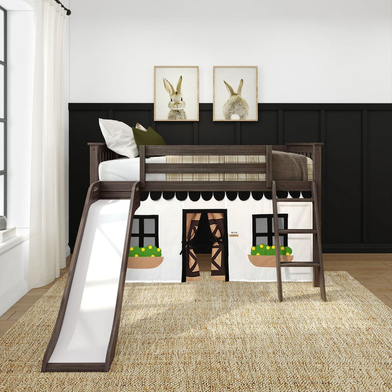 Dark wood kids loft bed with slide and ladder, fabric playhouse tent underneath, twin mattress and bunny wall art in modern children's bedroom