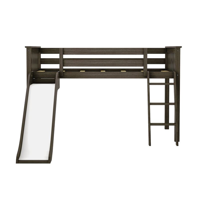 Loft bed with ladder and slide, dark wood finish, ideal for kids' bedrooms.