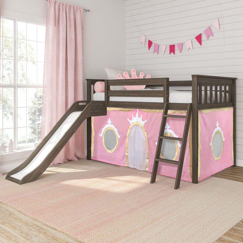 Princess-themed girls' loft bed with slide and wooden ladder, pink castle play tent panels, pennant bunting and matching pink curtains in a bright children's bedroom