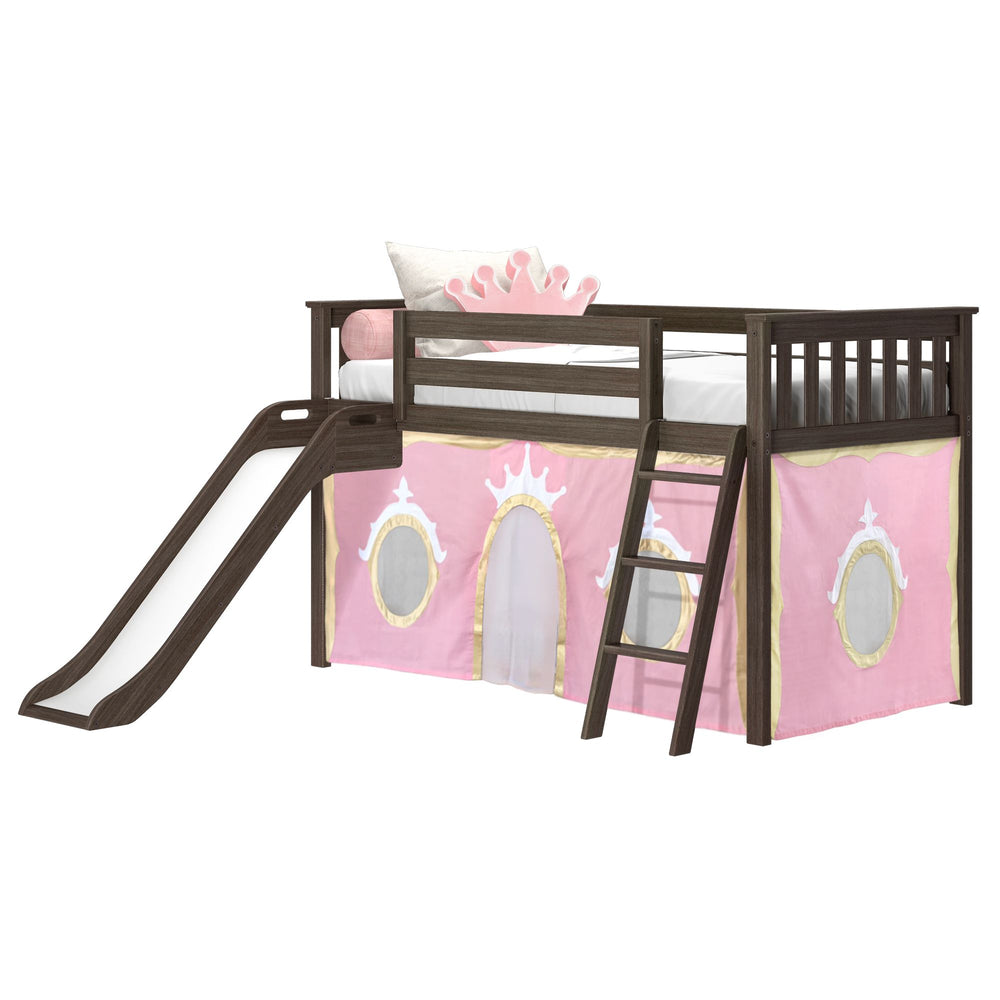 Children's loft bed with slide, ladder, and pink princess-themed curtain.