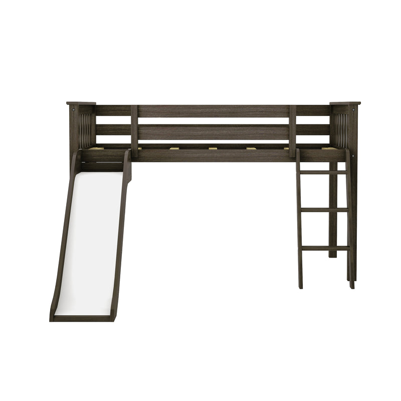 Loft bed with slide and ladder in dark wood finish.
