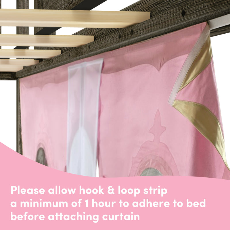 Close-up of a pink curtain attached to a wooden loft bed using hook and loop strips, with a setup instruction note.