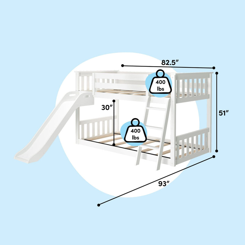White wooden twin-over-full bunk bed with slide and angled ladder, 93 in L x 82.5 in W x 51 in H, 30 in clearance between beds, 400 lb weight capacity per bed, kids’ space-saving loft bunk