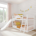 White wooden bunk bed with slide in bright pastel children's bedroom, blush curtains, decorative bunting and mustard accent pillows
