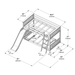 Illustration of a kids' loft bed with slide and ladder, featuring detailed dimensions and measurements.