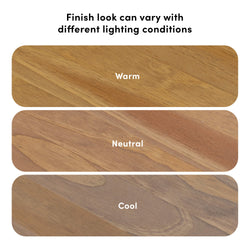 Wood finish variations in warm, neutral, and cool tones under different lighting conditions.