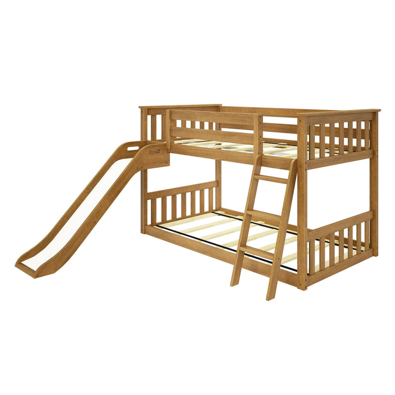 Wooden bunk bed with slide and ladder for kids' bedroom.