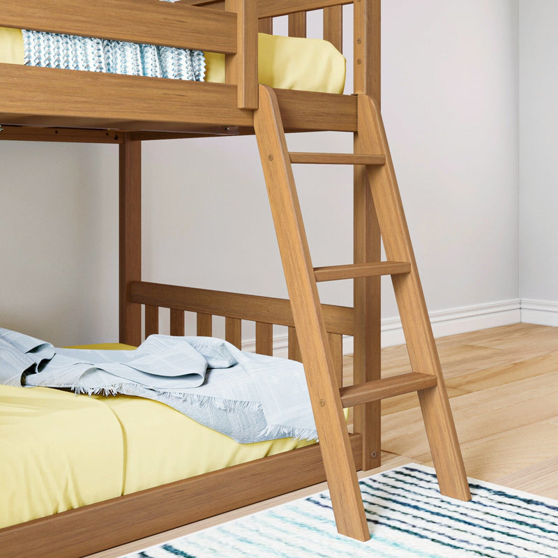 Wooden bunk bed with ladder, yellow bedding, and blue striped blanket in a modern bedroom setting.