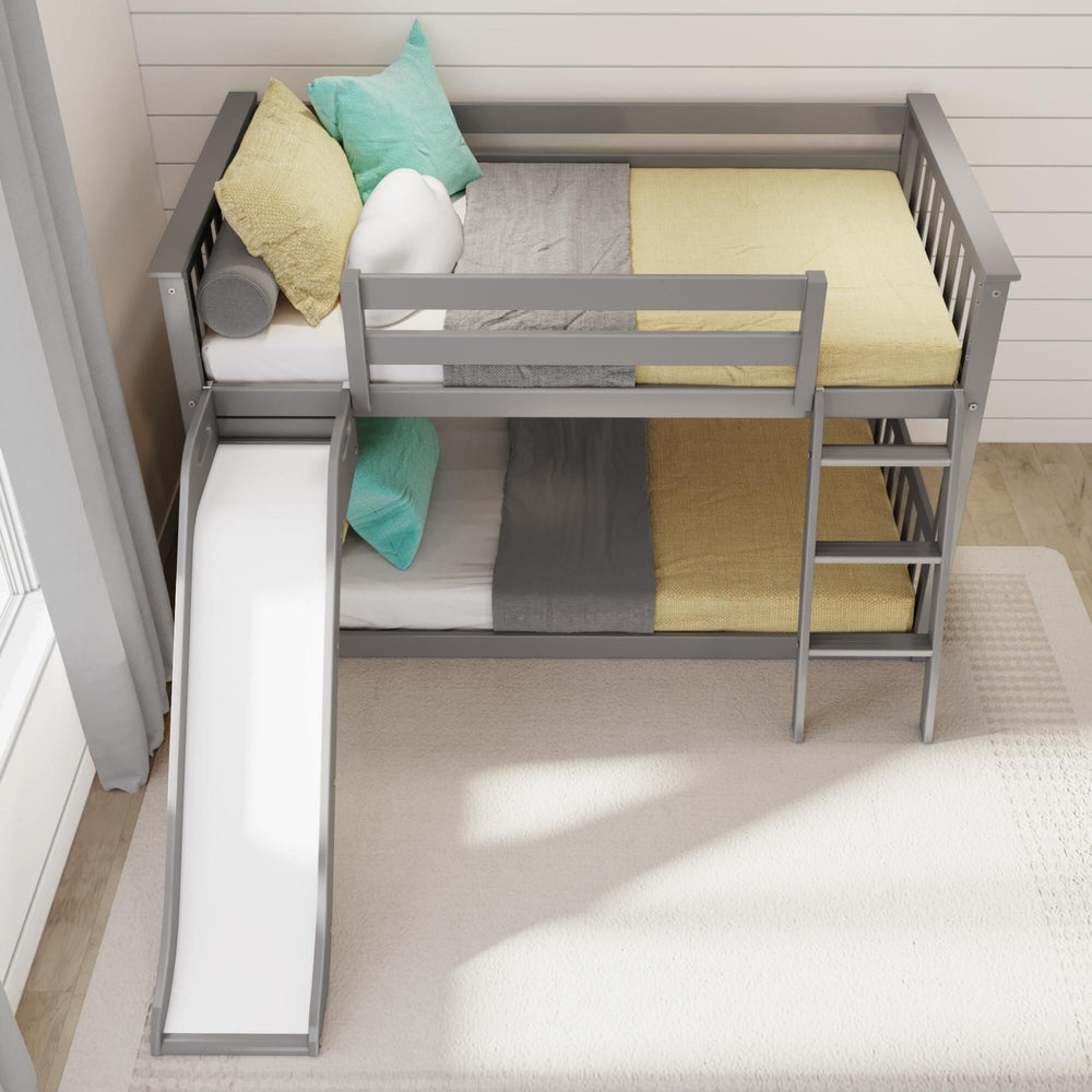 180417-121 : Bunk Beds Max & Lily Twin Over Twin Low Bunk With Slide & Ladder, Wooden Bunk beds With 14” Safety Guardrail for Kids, Toddlers, Boys, Girls, Teens, Bedroom Furniture, Grey