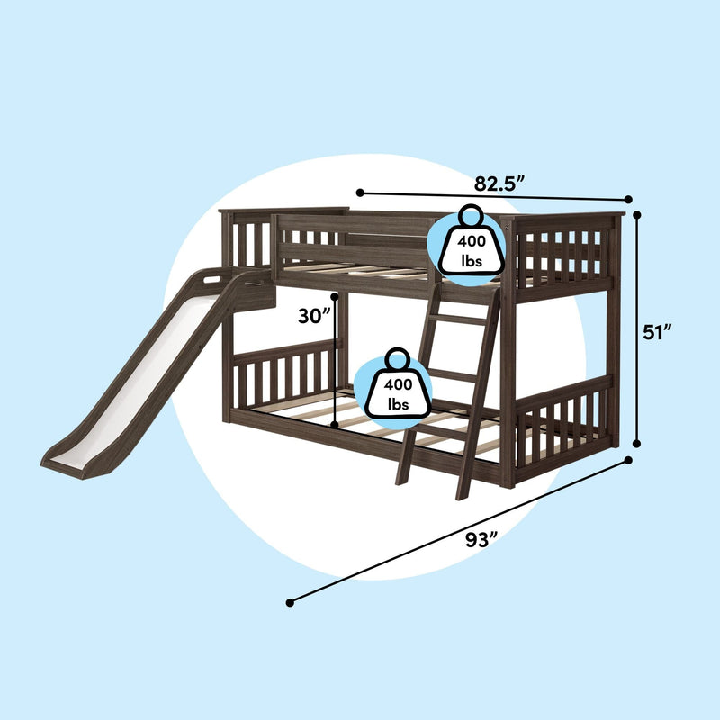 Twin-over-full brown wooden bunk bed with slide and angled ladder, 82.5" x 93" x 51", 30" under-bed clearance, 400 lb weight capacity per bunk
