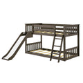 Gray wooden twin-over-twin bunk bed with slide and ladder, slatted guardrails and space-saving kids bedroom furniture