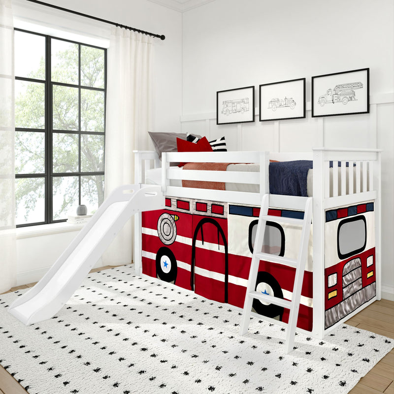 White wooden kids loft bed with slide and ladder featuring red fire truck playhouse curtain, black-and-white rug and framed fire truck artwork